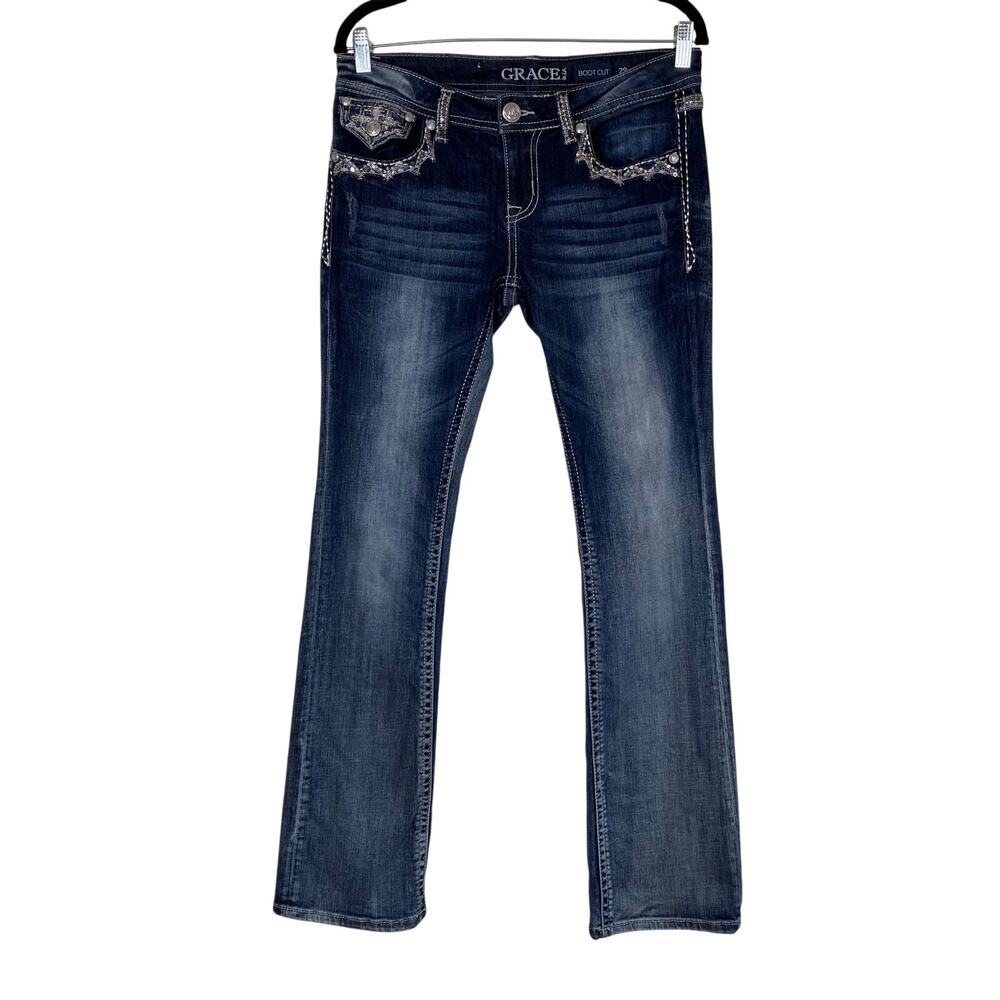 Grace In La Sz 29 Flap Pocket Embellished Embroidered Low Rise Bootcut Jeans